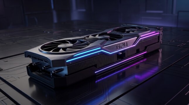 Modern Neon Illuminated Graphic Card Computing Hardware Technology Component Concept