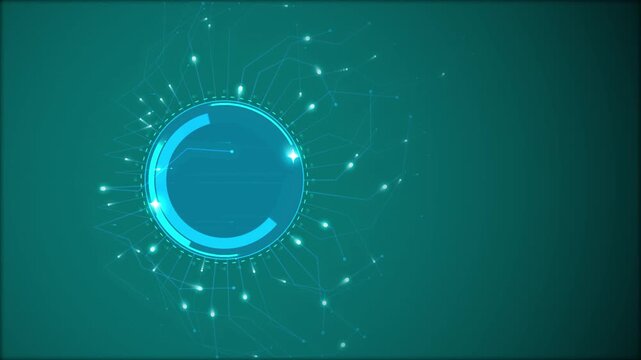 Futuristic hud interface with digital circuitry network and glowing data loading circle motion
