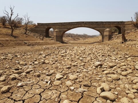 Extreme drought landscape with dried up riverbed dead trees and arched stone bridge