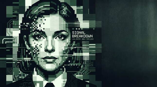 Futuristic digital glitch portrait of a woman, pixelated signal breakdown face, green cyber security tech background