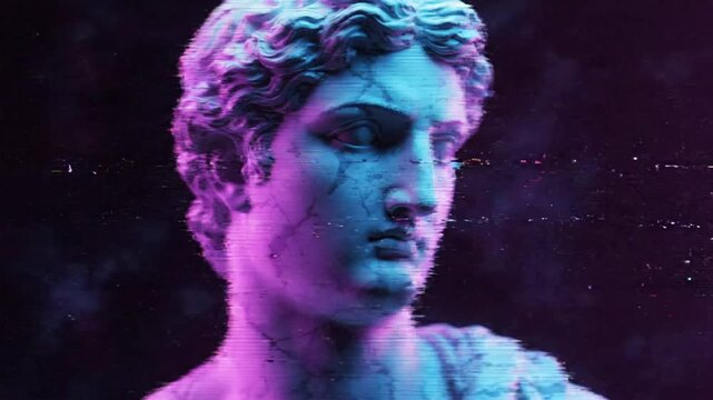 Model shows a roman statue with neon bright colors in a bright location at a gallery in the evening