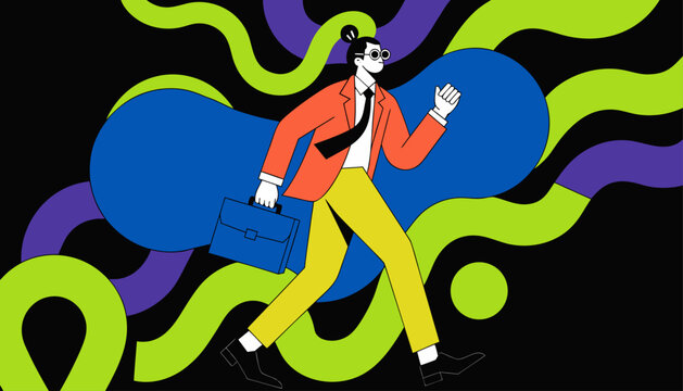 Businessman Energy Flow businessman surrounded by flowing neon waves symbolizing creativity.