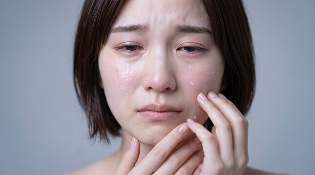 悲しみの表情で涙を流す若い女性のスキンケアとメンタルヘルスイメージ
