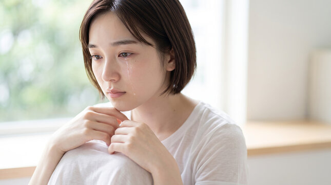 部屋で涙を流して悲しむ若い女性