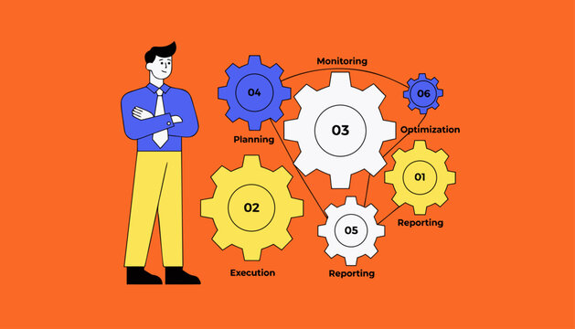 Businessman Gear Network  businessman beside interconnected gears labeled as process steps.