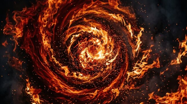 Swirling fire vortex with glowing embers and intense orange flames in a dark background.