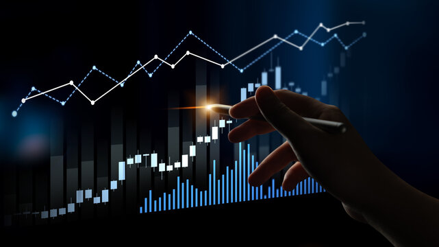 A hand holding a stylus points at a financial chart with rising graph lines, representing growth and analysis in a dark background, ideal for business concepts. Scalp