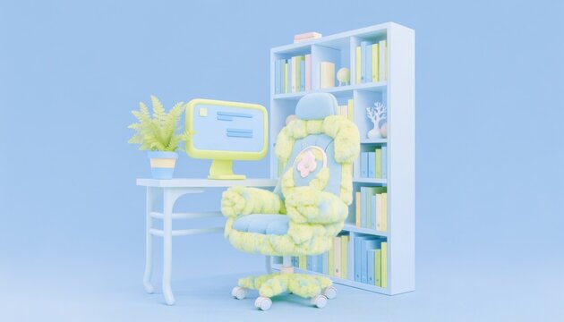 Comfortable fluffy chair with computer and bookshelf in a bright pastel office setting