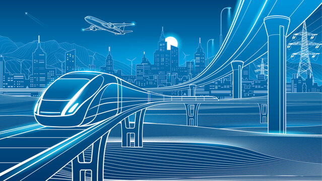Futuristic high speed train traveling through a modern smart city with elevated railway, urban skyline, power lines, wind turbines and airplane. Technology illustration representing future transport