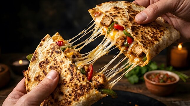 Hand holding a cheesy chicken quesadilla with melted cheese pull on a rustic table perfect for National Quesadilla Day