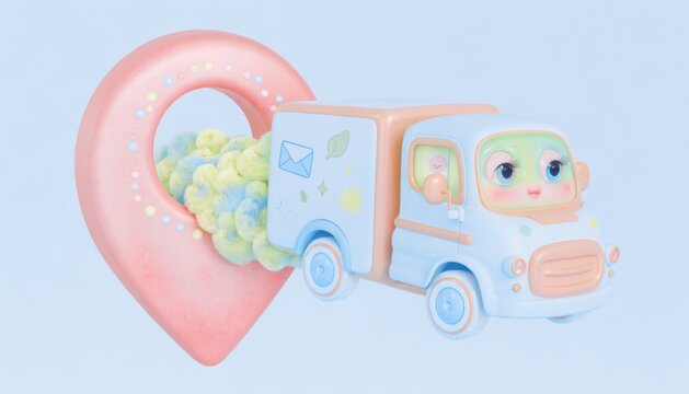 Cute cartoon delivery truck emerging from a large pink map pin with pastel fluffy clouds symbolizing logistics and shipping services