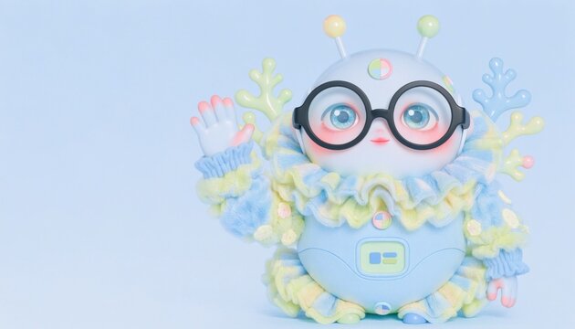 Cute cartoon character with glasses and fluffy costume waving hello against soft blue background
