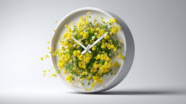 Wall clock with yellow spring flowers isolated on white background for time concept.