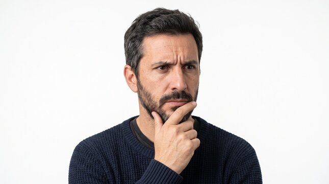 Man with beard thoughtfully touching his chin, looking away with a serious expression, white background
