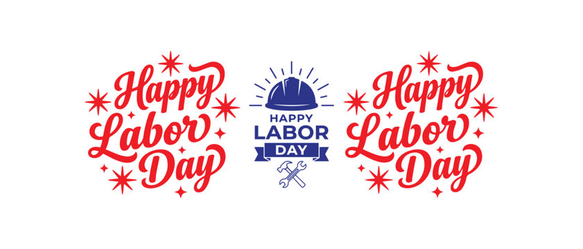 Happy Labor Day celebration graphic with hard hat and tools