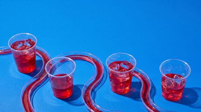Overhead party drinks arranged with red liquid curves