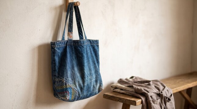 Repaired denim tote bag with colorful visible mending on display