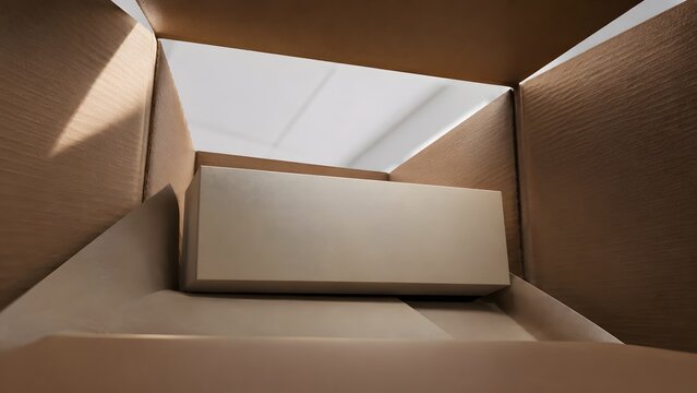 Open cardboard box interior view, brown paper shipping package, empty delivery carton for unboxing and logistics concepts