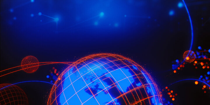 global earth planet 3d illustration rendering for technology in scifi futuristic style, a particle light  network of globalization