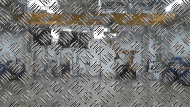 Abstract background of brushed metal diamond plate texture with industrial elements in the distance