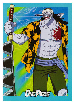 Hamburg, Germany - 05172025: image of a One Piece trading card featuring Arlong, the sawshark fish-man and pirate character from the Japanese manga and anime series.
