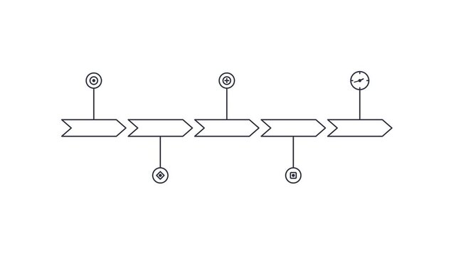 Minimalist business timeline animation, five step process flow diagram. Clean linear infographic with arrow pointers and icons for corporate presentations.