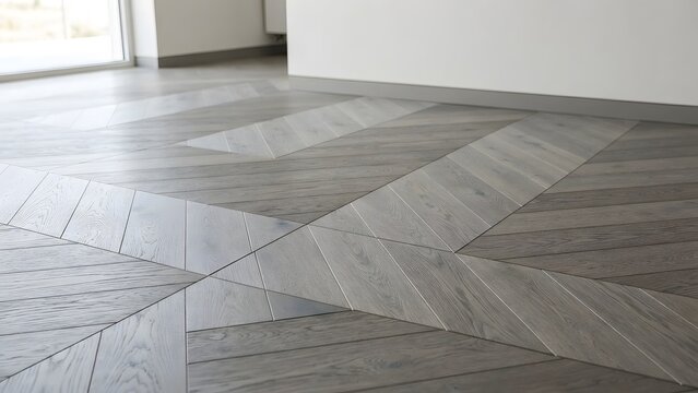 Modern grey wood floor with geometric chevron and parquet patterns in a minimalist interior