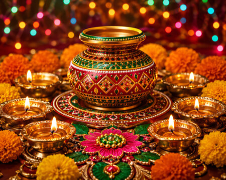 Decorative Kalash with Diyas, Marigold Flowers and Rangoli for Indian Festive Celebration