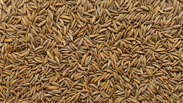 A close-up, high-angle view of dried cumin seeds, creating a textured background.