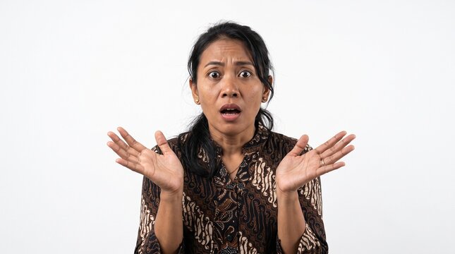 Woman with shocked expression and hands raised in disbelief against a white background