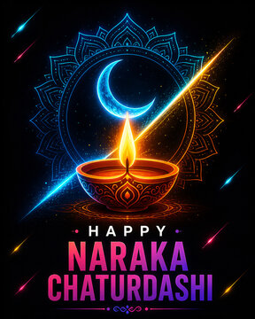 Happy Naraka Chaturdashi Greeting with Glowing Diya and Crescent Moon Festival Artwork