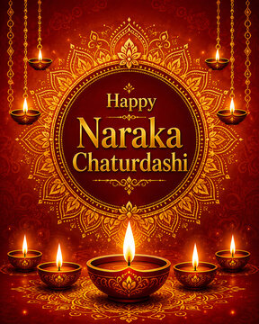 Happy Naraka Chaturdashi Greeting with Decorative Diyas and Rangoli Festival Design