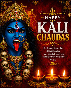 Happy Kali Chaudas Greeting with Maa Kali, Diyas and Rangoli for Diwali Festival