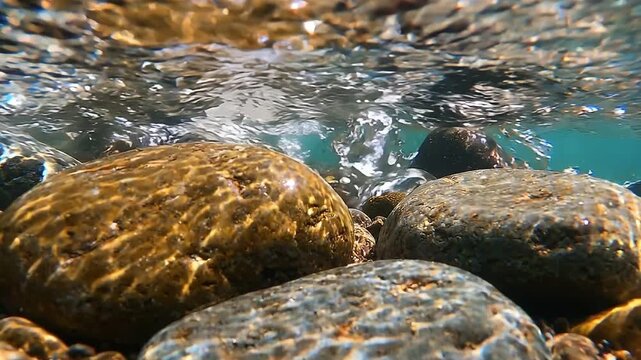Smooth river pebbles underwater in clear crystal mountain stream with bright sunlight golden caustics and serene tranquil mood