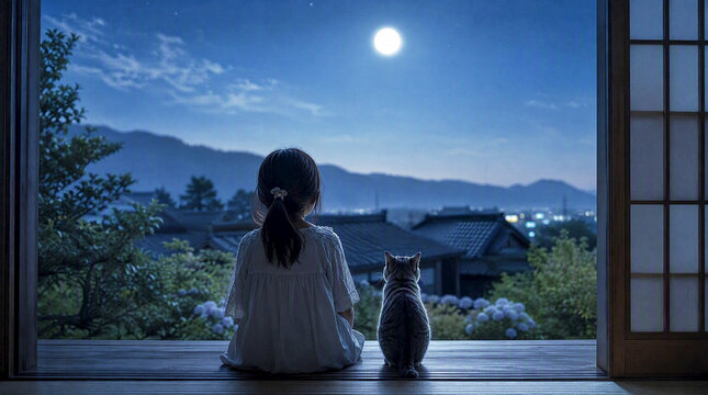 お月見をする日本人の女の子と猫