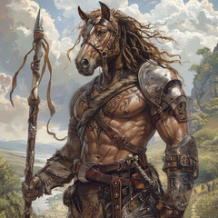 Naklejka premium Powerful horse-headed warrior holding a spear
