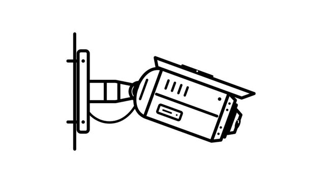 Minimalist security camera line art, modern CCTV surveillance icon on white background, black and white safety monitoring equipment illustration