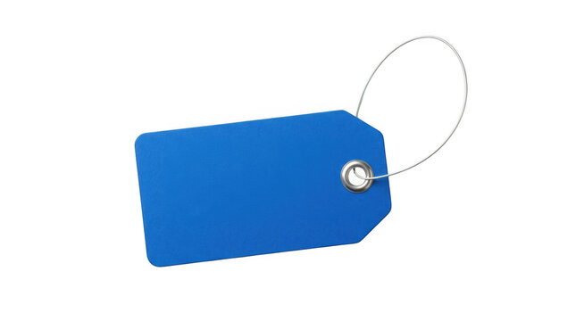 Blank blue rectangular price tag with metal eyelet and string isolated on transparent background