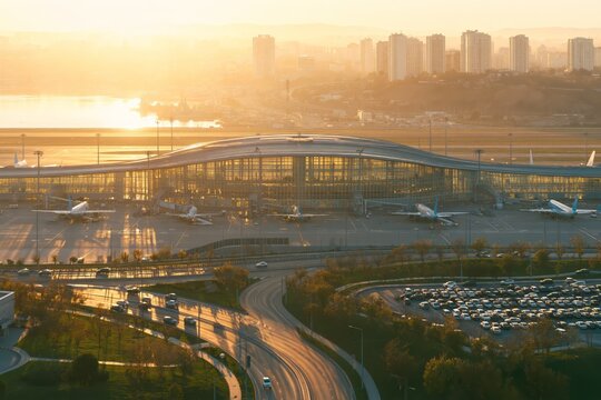 Modern airport terminal building with airplanes and city skyline at sunset