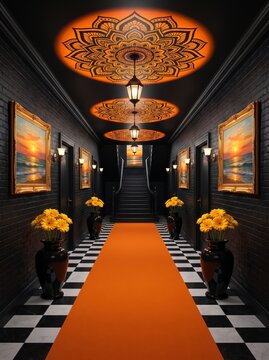 Stylish hotel hallway showcasing a bright orange carpet and unique wall art design