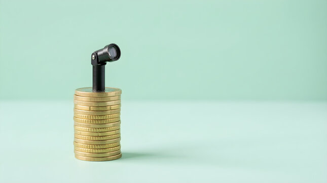 A spyglass peeking out from a stack of golden coins, symbolizing financial investigation and investment insights