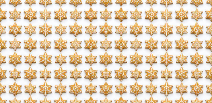 Seamless pattern of star shaped gingerbread cookies on white background.