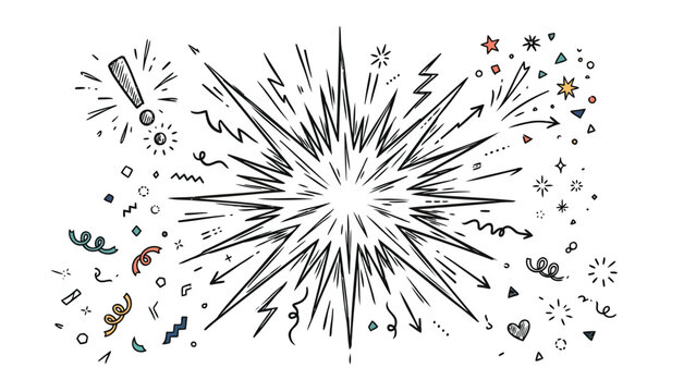 Dynamic Hand-Drawn Explosion Burst Graphic with Festive Confetti and Abstract Elements