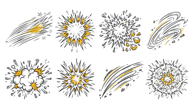 Dynamic Hand-drawn Comic Book Explosions, Speed Lines, and Impact Doodle Effects Set