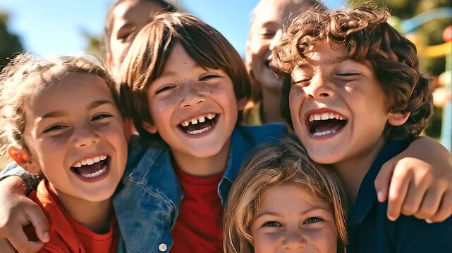 Happy schoolchildren hugging closely and laughing together outdoors, bright genuine expressions, school friendship, classmates, peer bonding, elementary students, back to school, childhood joy