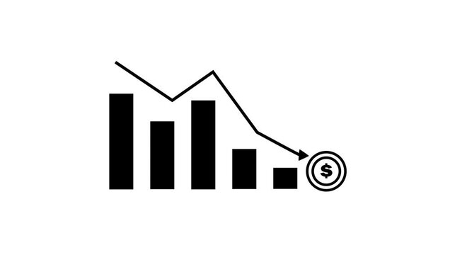 Stock Market Crash Bar Chart Icon with Falling Arrow and Dollar Symbol Animation.white background.