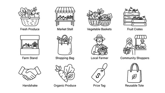 Set of outline icons representing local farmers market and fresh organic produce