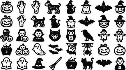 Fototapeta premium Halloween vector icon set featuring spooky pumpkins, black cats, ghosts, bats, and witches in a clean flat graphic design style