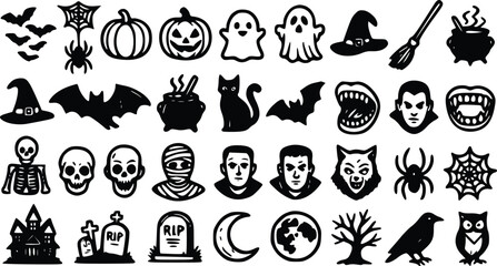 Fototapeta premium Halloween collection featuring detailed black vector illustration icons including spooky pumpkins ghosts witch hats bats skeletons skulls and haunted houses