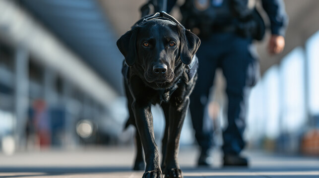Customs officer with a detection dog at a border checkpoint  